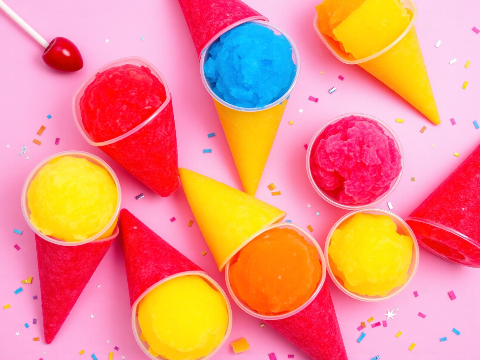 Colorful rainbow sno-balls in cups and cones